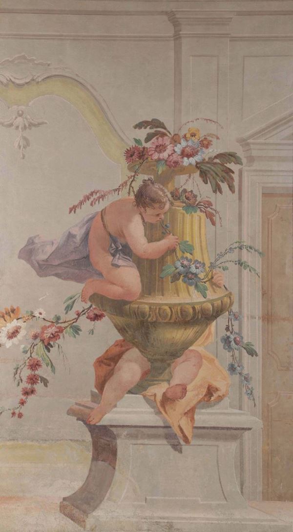 Francesco Fontebasso (1707-1769) Gioco di putti intorno a vaso con fiori su sfondo di architetture