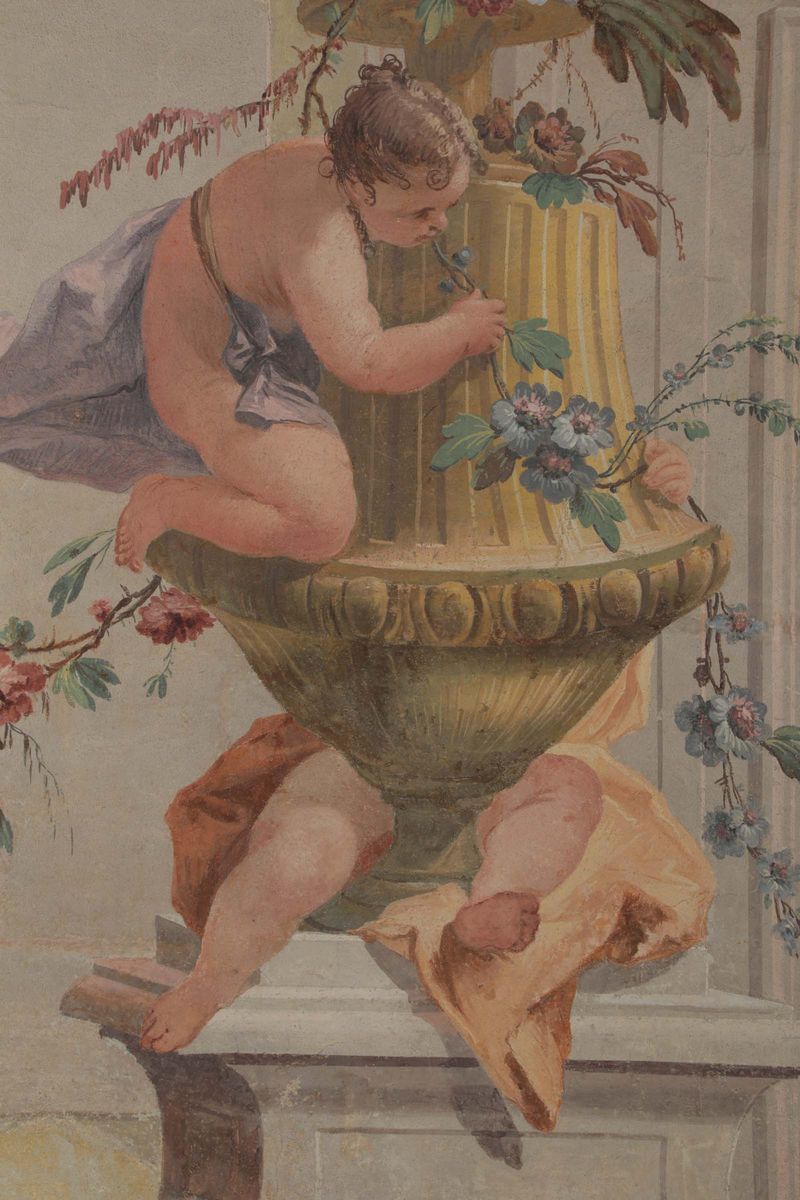 Francesco Fontebasso (1707-1769)gioco di Putti Intorno a Vaso con Fiori su Sfondo di Architetture