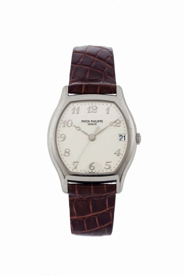 Patek Philippe, Genève, Gondolo Tonneau, No. 3253449, case No. 4207725, Ref. 5030G.  Very fine, tonneau shaped, center seconds, self-winding, water-resistant, 18K white gold wristwatch with date and an 18K white gold Patek Philippe buckle. Accompanied by the original Certificate and box. Sold in 2004
