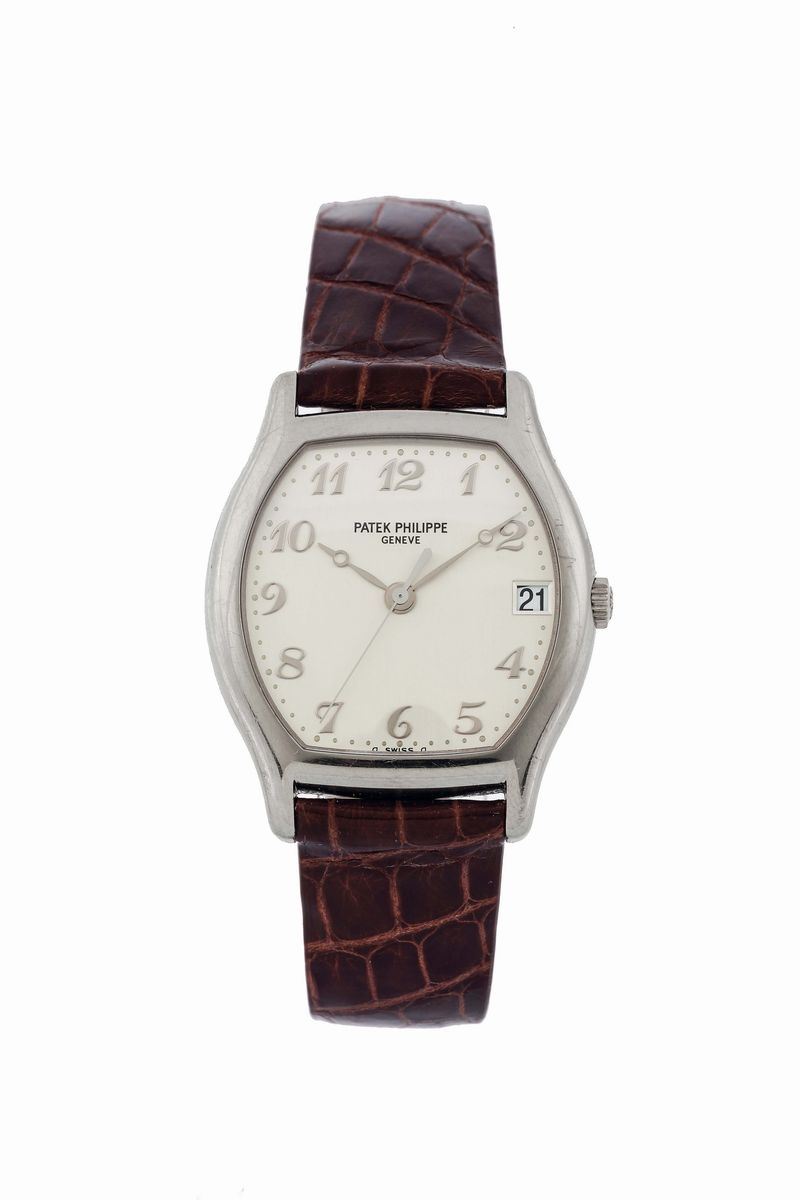 Patek Philippe, Genève, Gondolo Tonneau, No. 3253449, case No. 4207725, Ref. 5030G.  Very fine, tonneau shaped, center seconds, self-winding, water-resistant, 18K white gold wristwatch with date and an 18K white gold Patek Philippe buckle. Accompanied by the original Certificate and box. Sold in 2004  - Auction Watches and Pocket Watches - Cambi Casa d'Aste