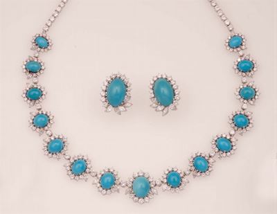 Parure Composto da Girocollo ed Orecchini con Turchesi e Diamanti
