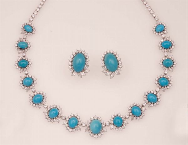 Turquoise and diamond demi-parure. Comprising a necklace and a pair of earrings