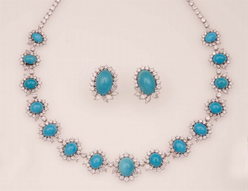 Turquoise and diamond demi-parure. Comprising a necklace and a pair of earrings  - Auction Fine Jewels - Cambi Casa d'Aste