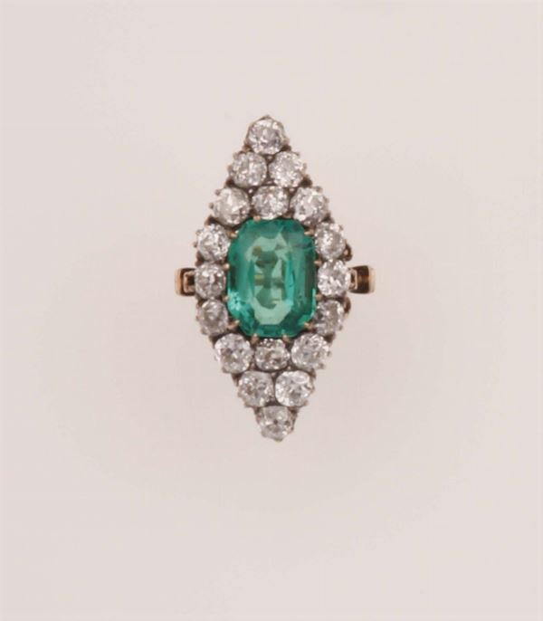 Anello smeraldo Colombia e diamanti di vecchio taglio