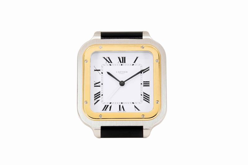 CARTIER, Santos,  piccolo orologio da tavolo, al quarzo, con sveglia, in ottone dorato e acciaio. Realizzato nel 1990 circa  - Auction Vintage, Jewels and Watches - Cambi Casa d'Aste