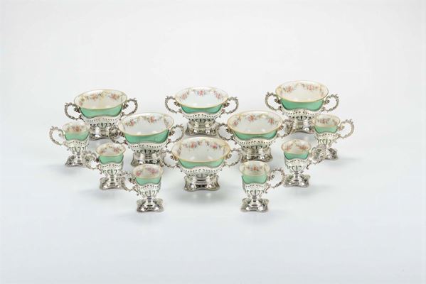 Servizio da colazione in argento e porcellana,Inghilterra, XX secolo