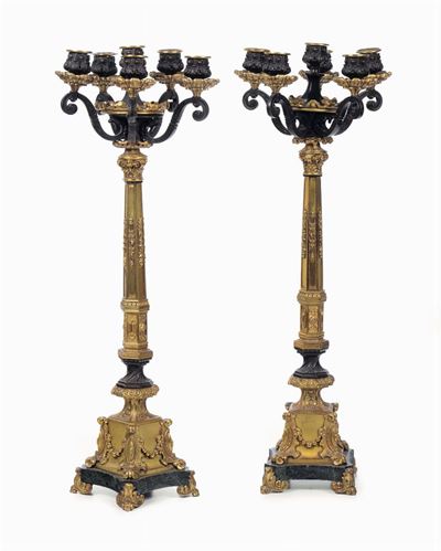 Coppia di Candelabri a Sei Luci in Bronzo e Bronzo Dorato, XIX Secolo