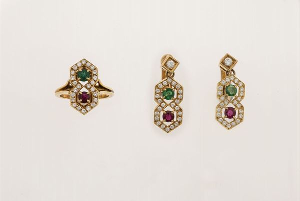 Ruby, emerald and diamond demi-parure