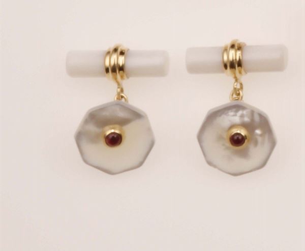 Pair of mother-of-pearl and ruby cufflinks