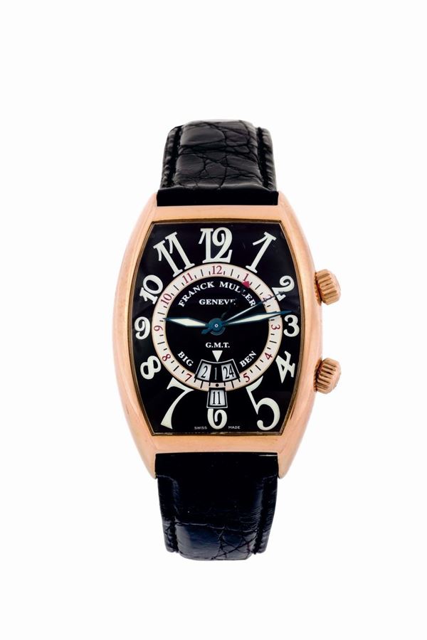 Franck Muller, Genève, Cintrée Curvex - Big Ben GMT, No. 15, Ref. 7850. Fine, tonneau-shaped and curved, two time-zone, center-seconds, self-winding, water-resistant, 18K pink gold  wristwatch with alarm, date and an 18K yellow gold Franck Muller buckle. Made circa 2000.