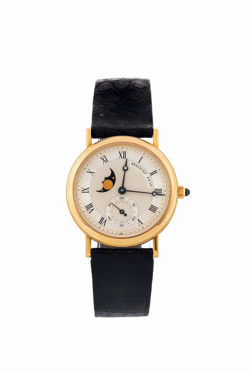 Breguet, No. 4458, Ref. 3300. Fine, astronomic, 18K yellow gold wristwatch with moon phases and an 18K yellow gold Breguet buckle. Made circa 1990  - Auction Watches and Pocket Watches - Cambi Casa d'Aste