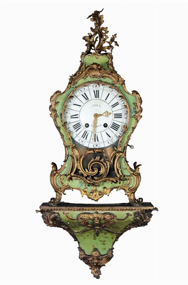 Orologio Cartel da parete lastronato in corno verde, Francia, Joly a Paris, XVIII secolo