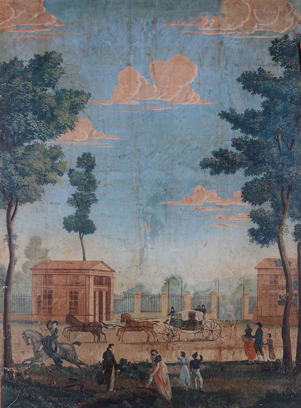 Scuola del XVIII secolo Strada con carrozza e figure