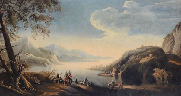 Pittore della fine del XIX secolo Paesaggio fluviale con figure