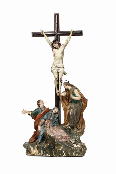 Gruppo della Crocifissione in Legno Policromo. Scultore Barocco Italiano del XVIII Secolo