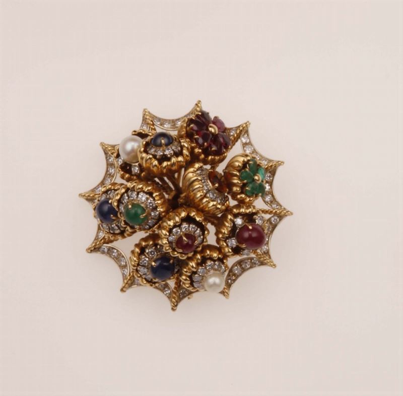 Gem set and diamond en tremblant brooch. Signed Paolini  - Auction Fine Jewels - Cambi Casa d'Aste
