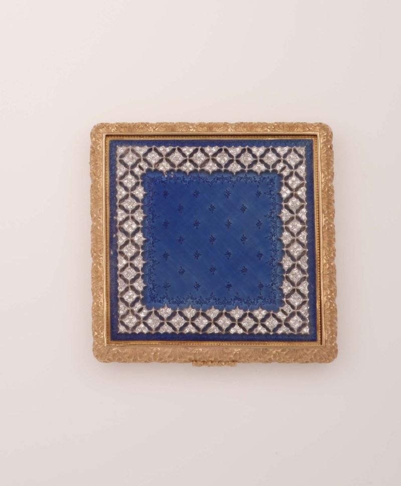 Gold, diamond and enamel powder compact. Signed Buccellati. Fitted case  - Auction Fine Jewels - Cambi Casa d'Aste