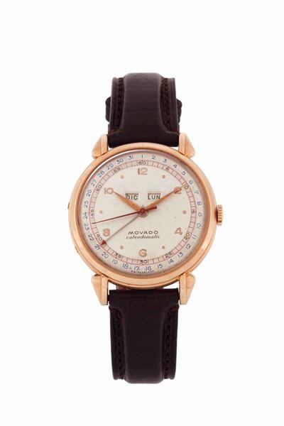 Movado, Calendomatic, Cassa No. 235614. Raro, Orologio da Polso, in Oro Rosa 18k con Triplo Calen...