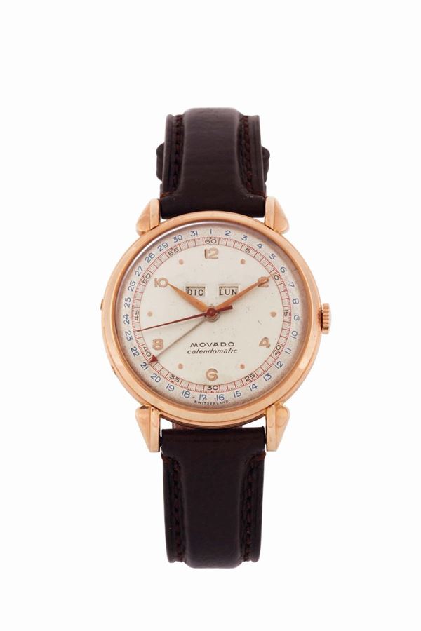 MOVADO, Calendomatic, case No. 235614. Fine, self-winding, 18K pink gold wristwatch with triple date. Made circa 1950