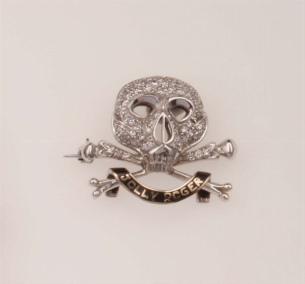 Diamond and enamel brooch. Designed as a skull