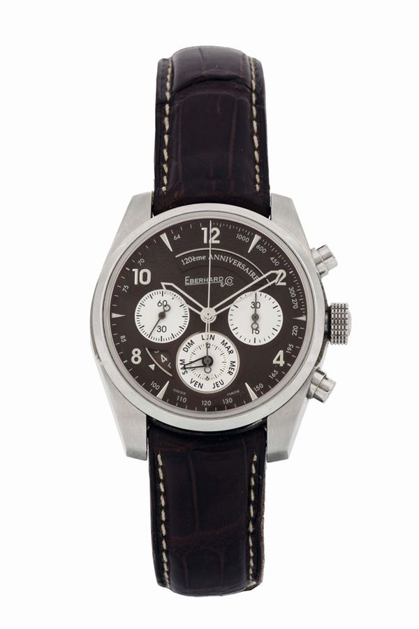 Eberhard, Chronographe 120 Anniversary, No.0999, Ref. 31120. Fine, self-winding, water resistant, stainless steel chronograph with date and original deployant clasp. Accompanied by the original box and guarantee. Sold in 2008