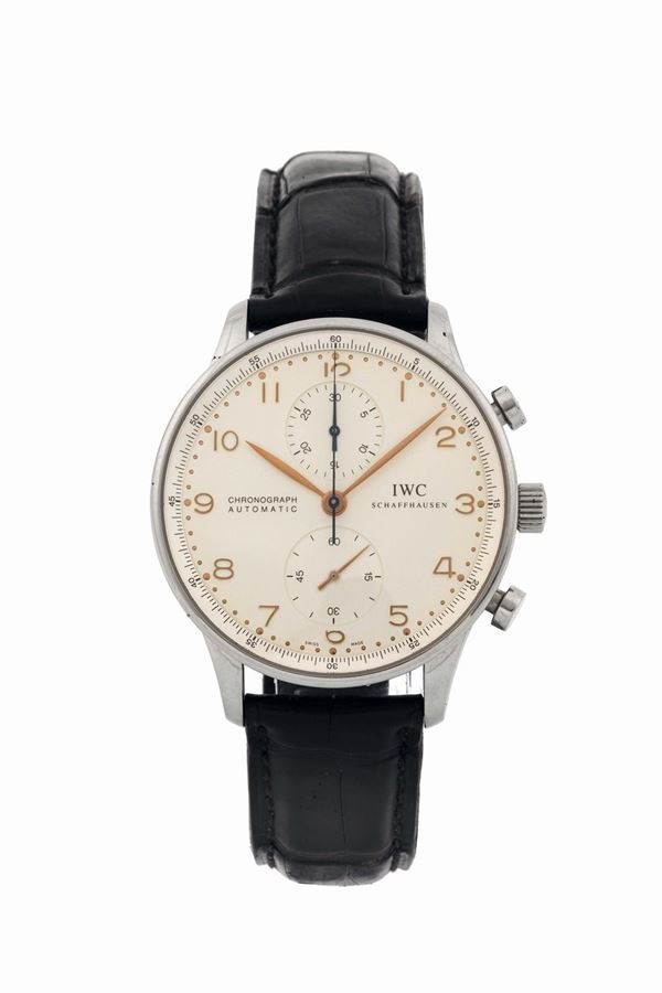 IWC, International Watch Co., Schaffhausen, ''Portuguese'', Chronograph Automatic, Ref. 3714. Very fine, large, self winding, water-resistant, stainless steel wristwatch with round button chronograph, register and a stainless steel IWC buckle. Sold in 2001. Accompanied by the original box and Guarantee