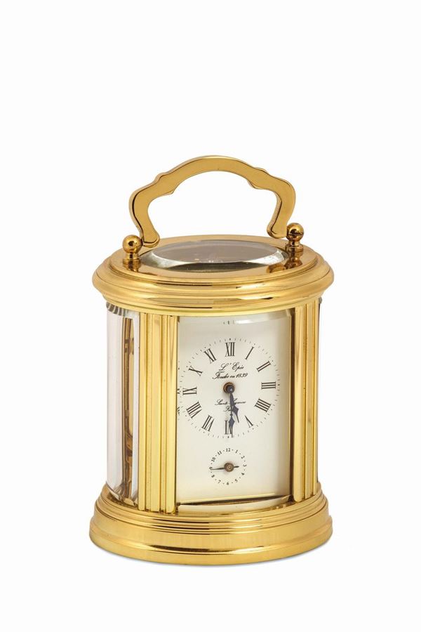 L'Epée, France. Fine, gilt brass, 8-day going, alarm carriage clock. Accompanied by a fitted box, papers and key. Made in the second half of the 20th century.