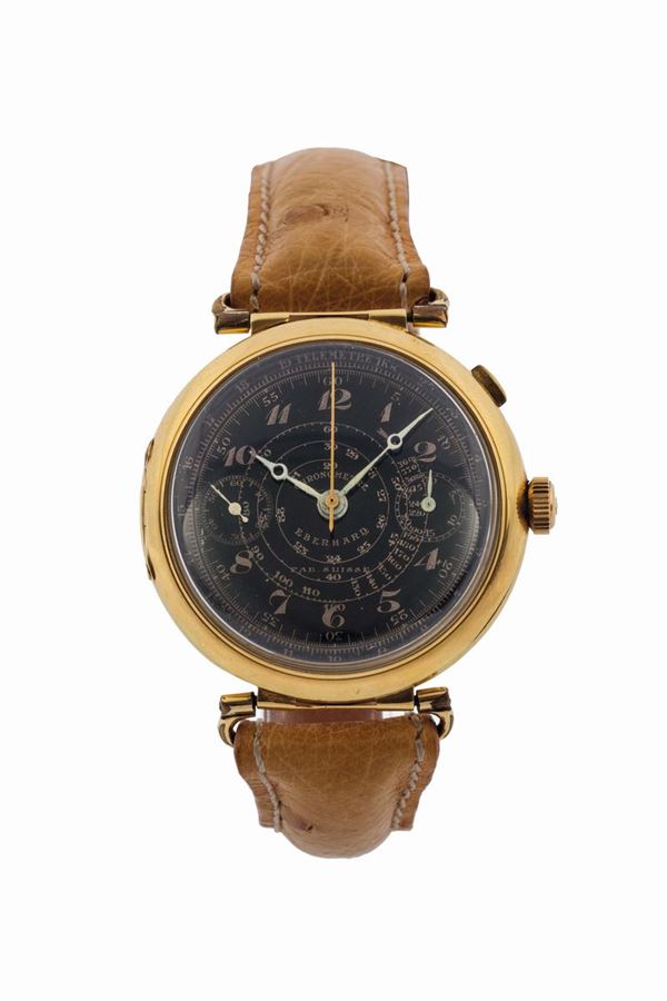 Eberhard, Chronometre, Fab. Suisse. Fine and large, 18K yellow gold monopusher chronograph wristwatch. Made circa 1930