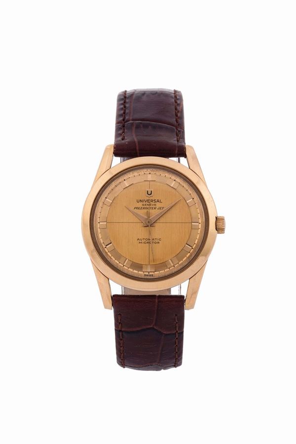 Universal, Genève, Polerouter Jet, Automatic, Ref. 10364-1. Fine, self winding, 18K pink gold wristwatch with original gold buckle. Made circa 1970