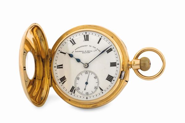 SHARMAN D. NEILL, Belfast, orologio da tasca, occhio di bue, in oro giallo 18K con movimento a carrousel. Realizzato nel 1880 circa