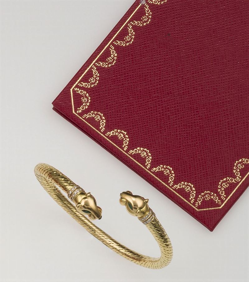 Gold, diamond and emerald bangle. Signed Cartier  - Auction Fine Jewels - Cambi Casa d'Aste