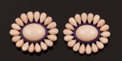 Due Spille in Corallo Rosa e Smalto Blu