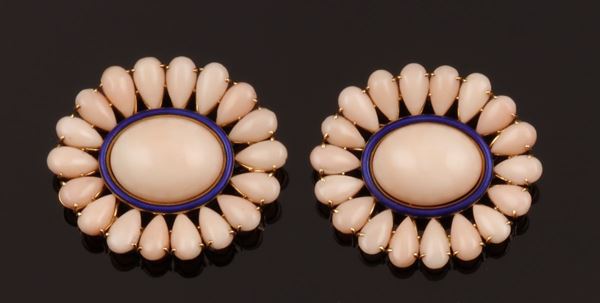 Two coral and enamel brooches