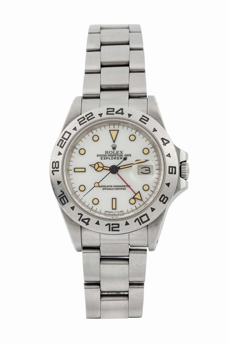 Rolex, Oyster Perpetual Date, Explorer II, Superlative Chronometer, Officially Certified, Cream Corn Dial, case No. 8470561, Ref. 16550. Fine, two time zone, center seconds, self-winding, water-resistant, stainless steel wristwatch with date, 24-hour bezel and hand, independently adjustable 12-hour hand and a stainless steel Rolex Oyster bracelet with deployant clasp . Made circa 1984  - Auction Watches and Pocket Watches - Cambi Casa d'Aste