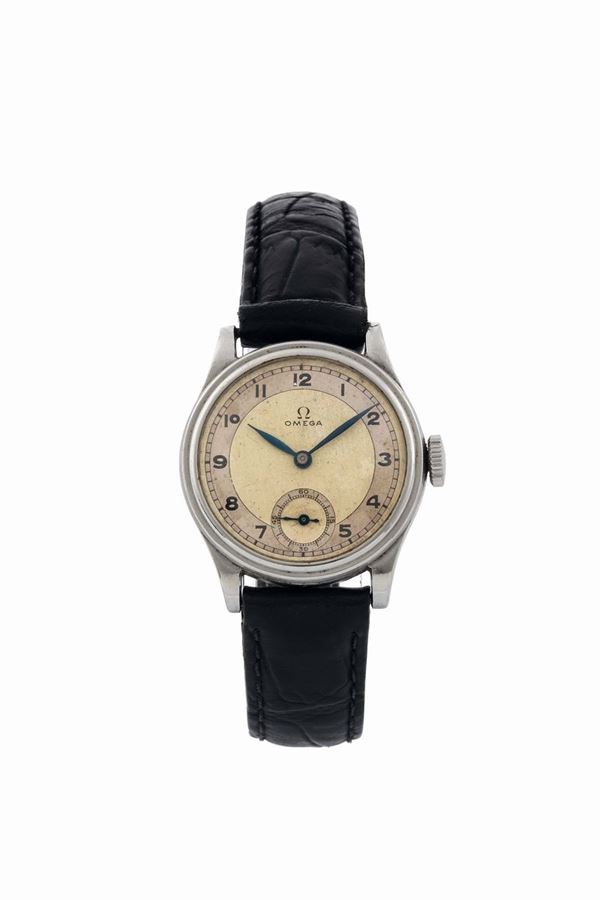 Omega, Two Tone Dial. Fine, stainless steel wristwatch. Made circa 1940