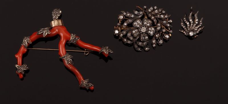 Coral pendant and two rose-cut diamond brooches  - Auction Fine Coral Jewels - Cambi Casa d'Aste