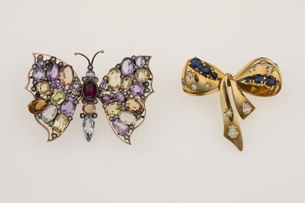 Two gem-set and gold brooches