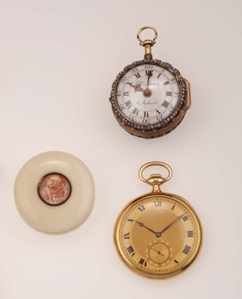 Lotto composto da: un orologio da tasca Vacheron & Constantin, un orologio da tasca Ferrot & Achard ed una scatolina  - Asta Fine Jewels - Cambi Casa d'Aste