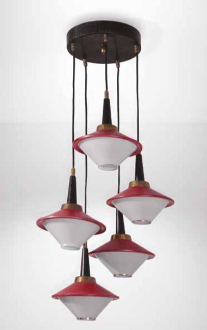 Lampada da sospensione con struttura in metallo laccato e diffusori in vetro.  - Asta Design II - II - Cambi Casa d'Aste