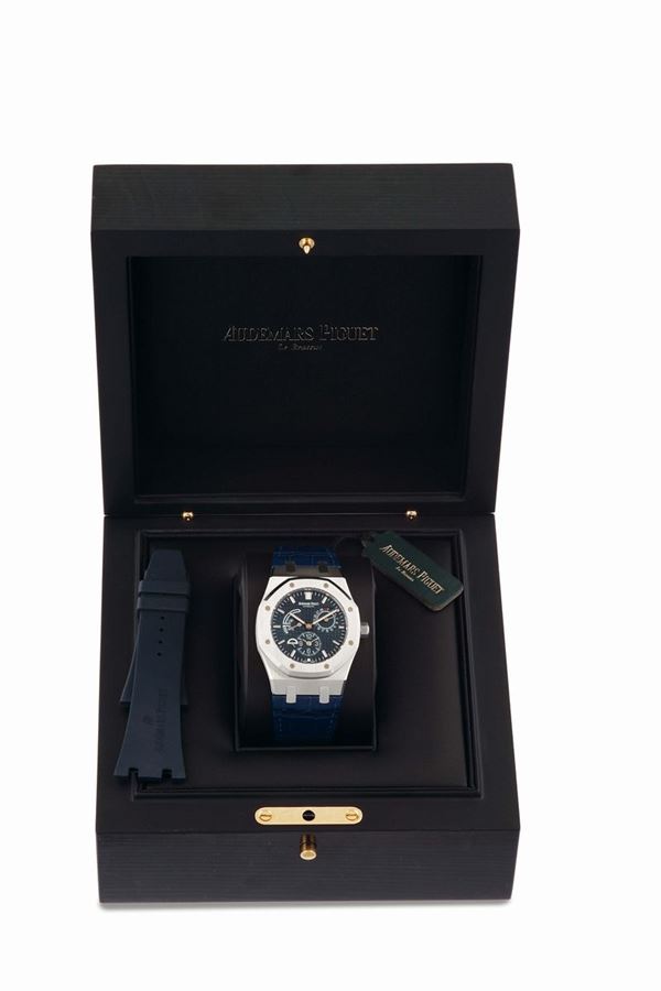 Audemars Piguet, Royal Oak Dual- Time Automatic, Ref. 26124ST.  Very fine, octagonal, two time zone, self-winding, water resistant, stainless steel wristwatch with date, power reserve, day/night indication and a stainless steel Audemars Piguet deployant clasp. Accompanied by fitted box, Guarantee, additional rubber strap and booklet. Sold in 2017