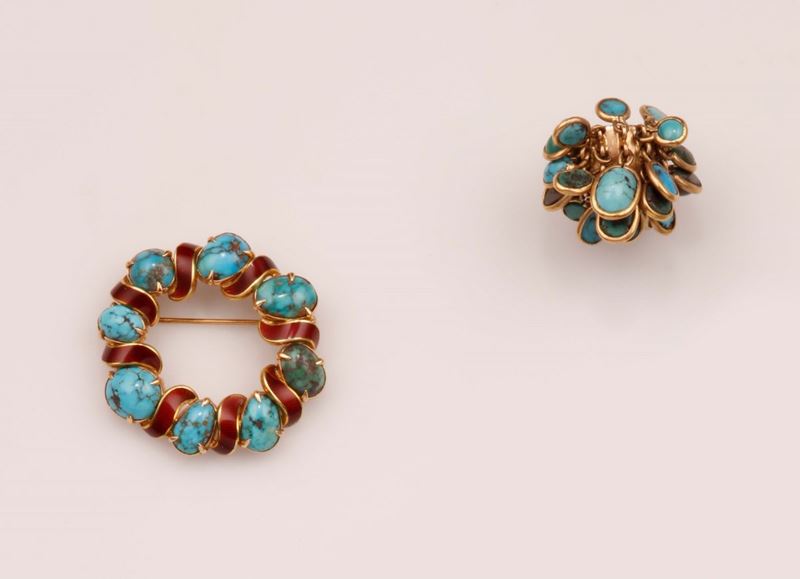 Lotto composto da spilla ed anello con turchesi e smalti  - Auction Vintage, Jewels and Watches - Cambi Casa d'Aste
