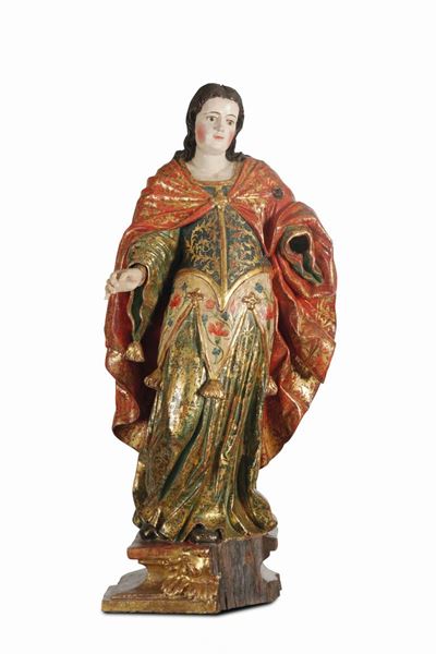 Madonna in Legno Policromo e Dorato. Scultore Spagnolo del XVII Secolo