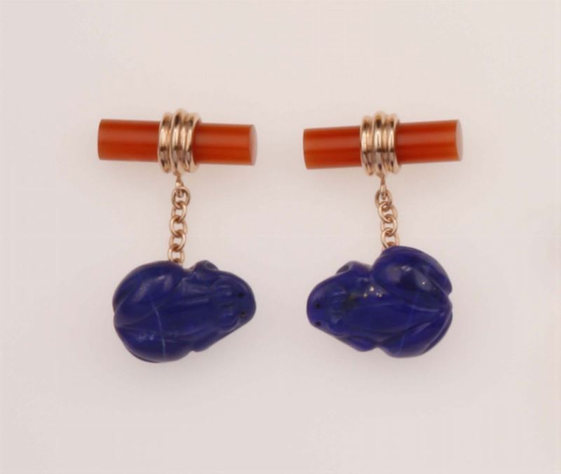 Pair of lapis lazuli and cornelian cufflinks  - Auction Fine Jewels - Cambi Casa d'Aste