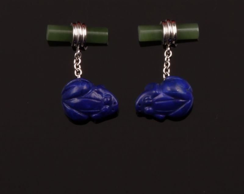 Pair of lapis lazuli and jade cufflinks  - Auction Fine Coral Jewels - Cambi Casa d'Aste