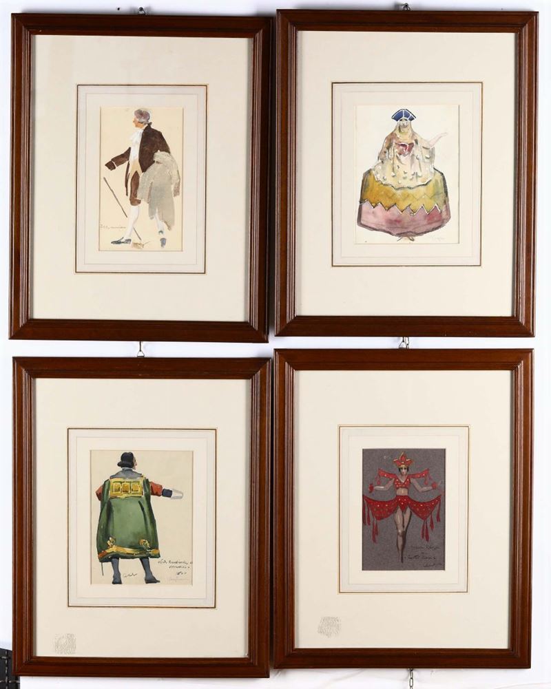 Arcangelo Salvarani (1882 - 1953) Quattro bozzetti di costumi teatrali  - Auction Paintings of the 19th-20th century - Timed Auction - Cambi Casa d'Aste