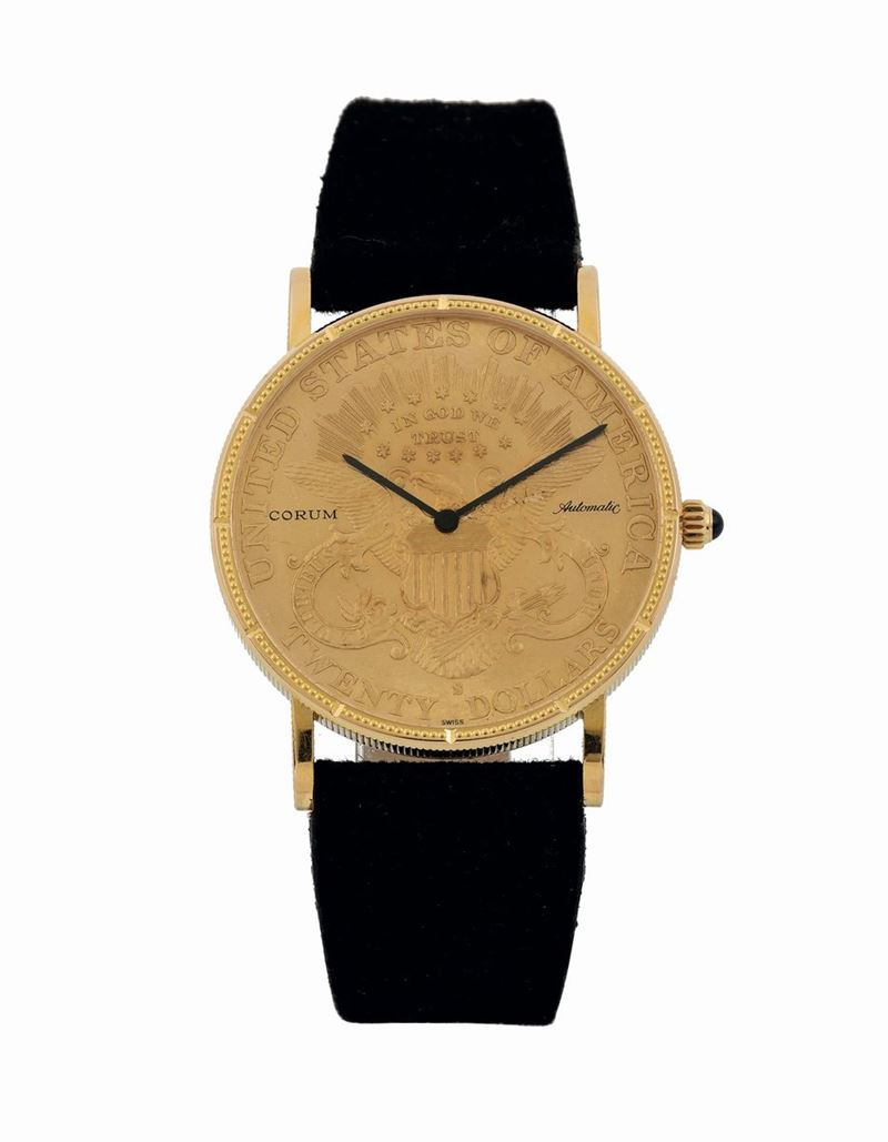 Corum, TWENTY DOLLAR COIN WATCH.  Fine, self-winding,18K yellow gold wristwatch inserted in a $20 US gold coin dated 1891 with an original gold buckle. Made in the 1990's  - Auction Watches and Pocket Watches - Cambi Casa d'Aste