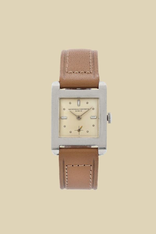 Vacheron & Constantin, Genève, case No.321424 , Ref. 4108. Very fine and rare, square, platinum wristwatch with diamond-set dial. Made in the 1950's
