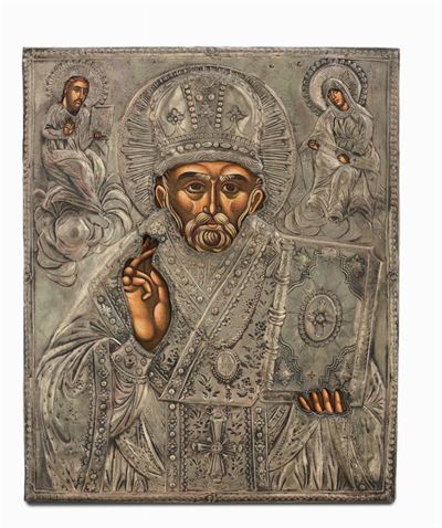 Icona Raffigurante Santo con Vergine e Cristo, Olio su Tavola e Lamina in Argento, XIX Secolo