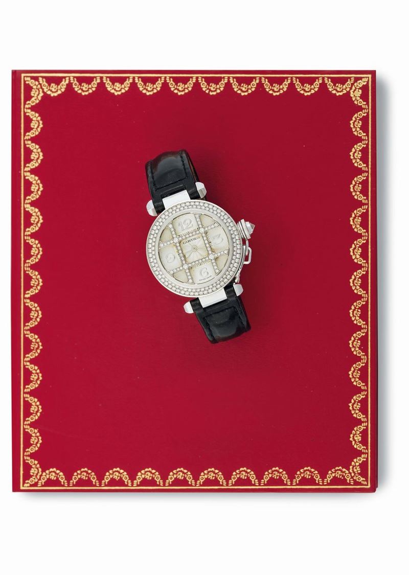 CARTIER, Pasha Grille Diamonds, case No. 305313MG. Fine and elegant, self winding, water resistant, 18K white gold wristwatch with date and an original white gold deployant clasp. Accompanied by the original Guarantee, sold in 1999  - Auction Watches and Pocket Watches - Cambi Casa d'Aste