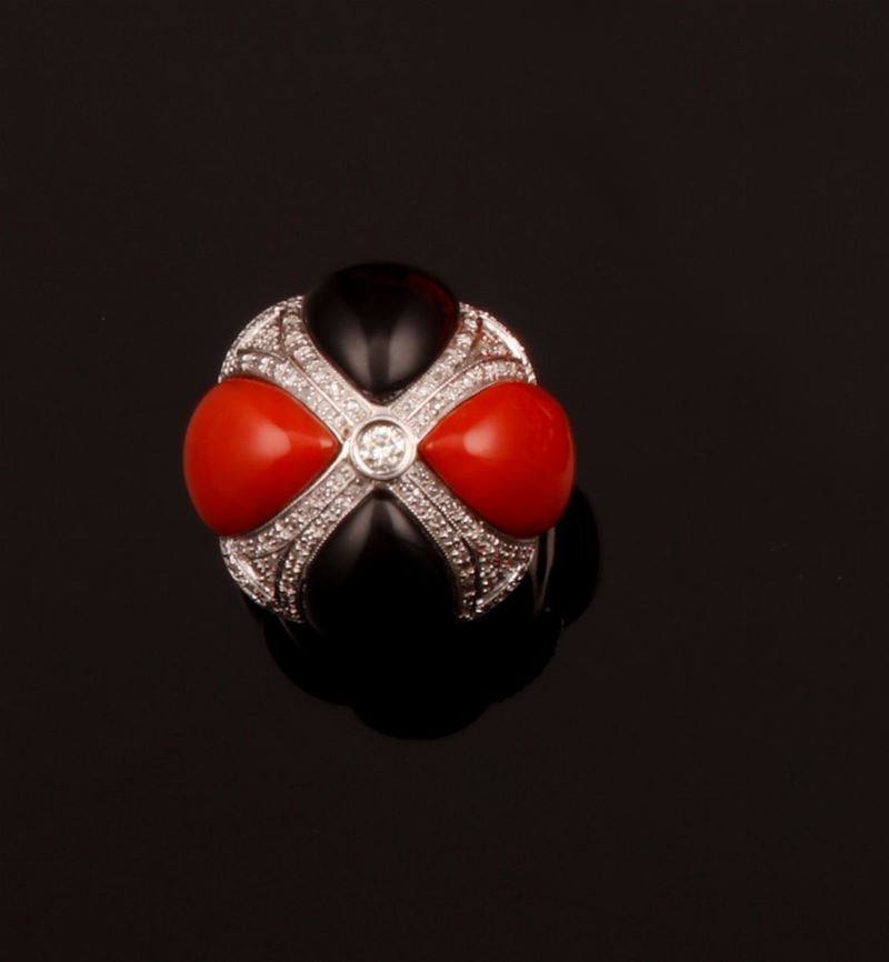 Coral, onix and diamond ring  - Auction Timed Auction Jewels - Cambi Casa d'Aste